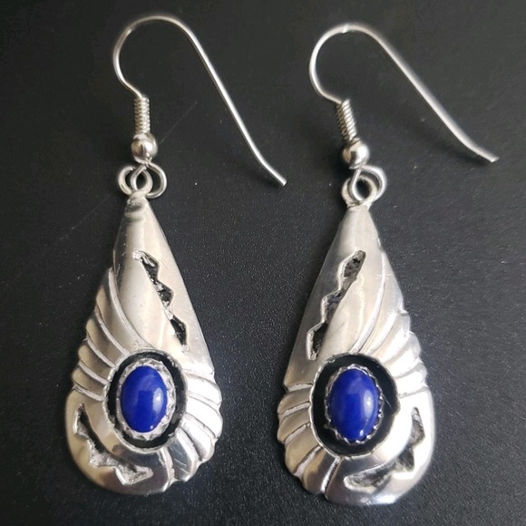 VTG Navajo Lapis Lazuli Sterling 925 Dangle Earrings Artist Signed Sadie Sam - Picture 1 of 11